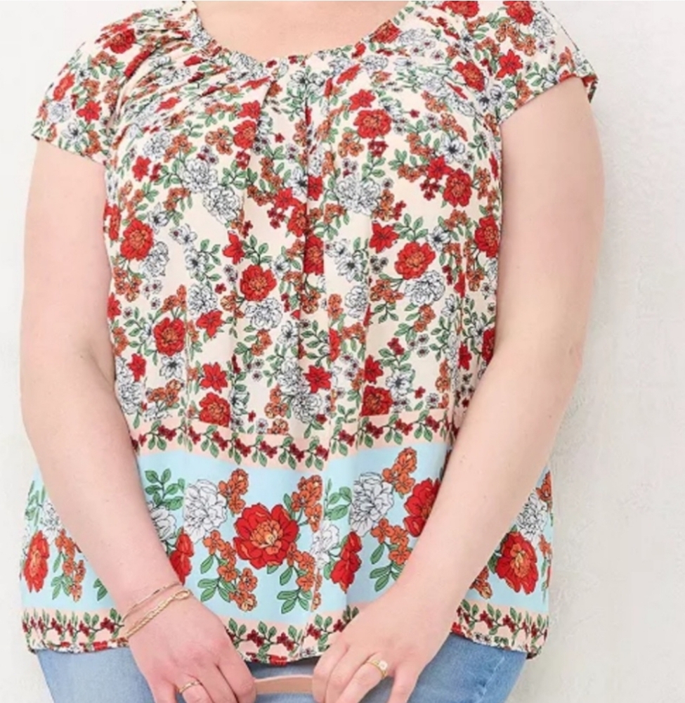 LC Lauren Conrad Cream Floral Short-Sleeve Peasant Top with Red & Green Accents